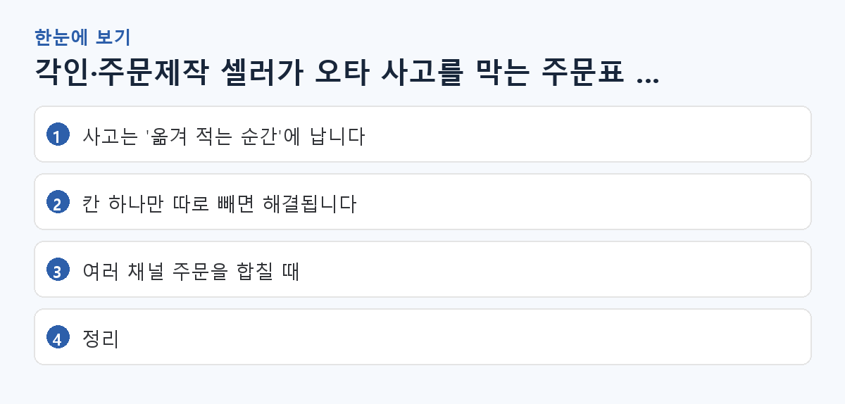 각인·주문제작 셀러가 오타 사고를 막는 주문표 만드는 법 핵심 요약 도해