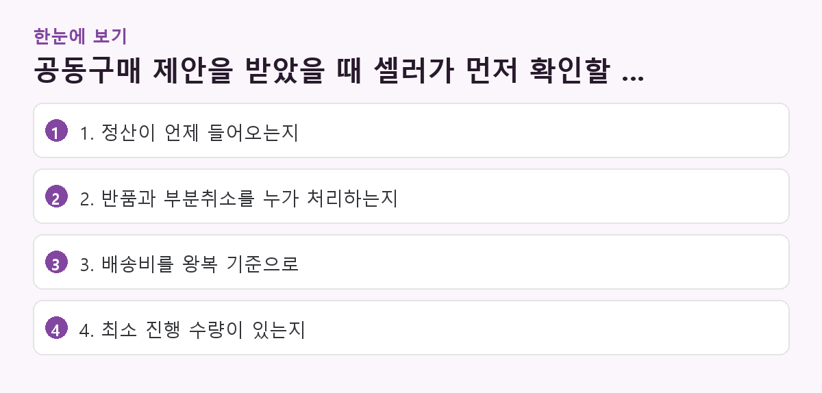 공동구매 제안을 받았을 때 셀러가 먼저 확인할 것 핵심 요약 도해
