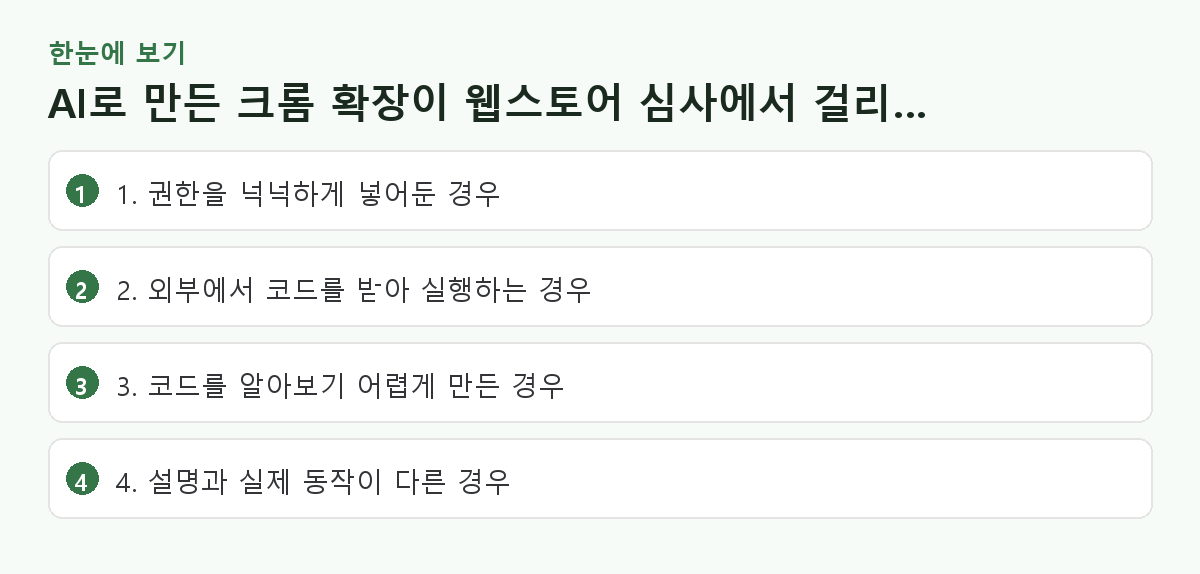 AI로 만든 크롬 확장이 웹스토어 심사에서 걸리는 지점 6가지 핵심 요약 도해
