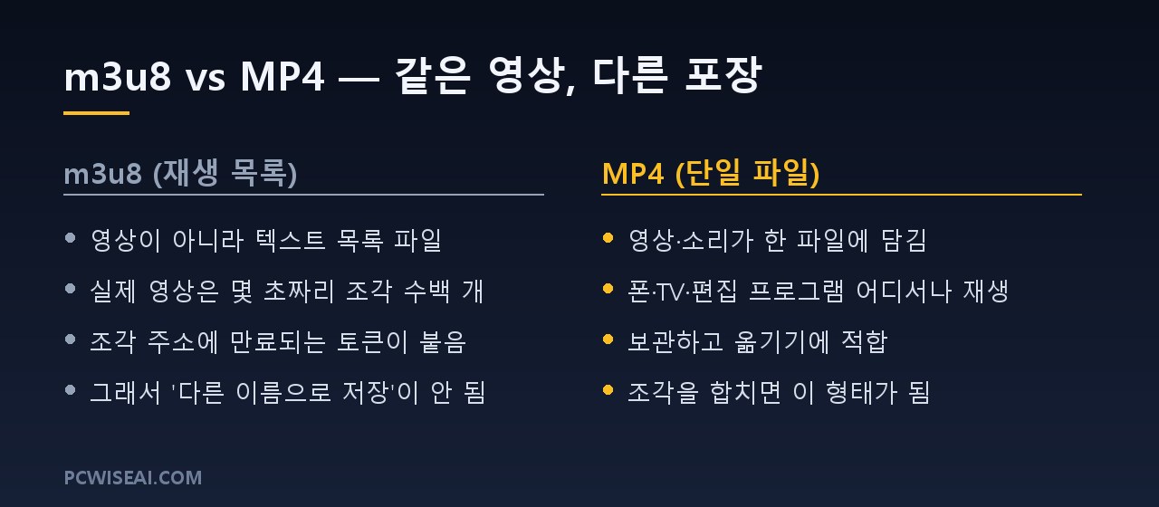 m3u8은 조각 목록, mp4는 단일 파일이라는 비교 도해