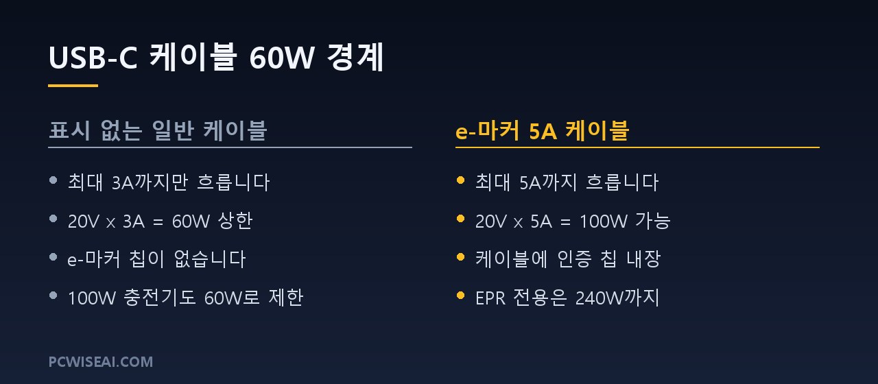 표시 없는 일반 케이블 대 e-마커 5A 케이블