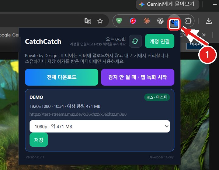 크롬 확장 CatchCatch가 영상을 감지한 화면