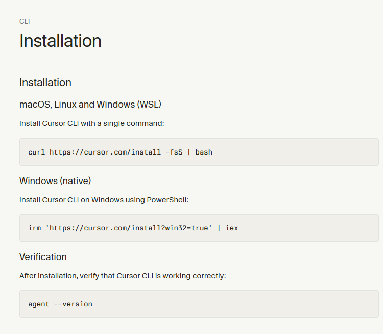 Cursor 공식 설치 문서의 macOS·Linux·WSL 명령과 Windows PowerShell 명령 안내 화면