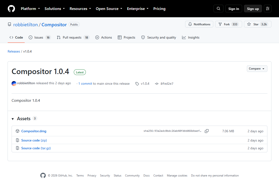 GitHub 공식 Compositor 1.0.4 배포 페이지에서 Compositor.dmg와 7.06 MB 표시를 확인한 화면