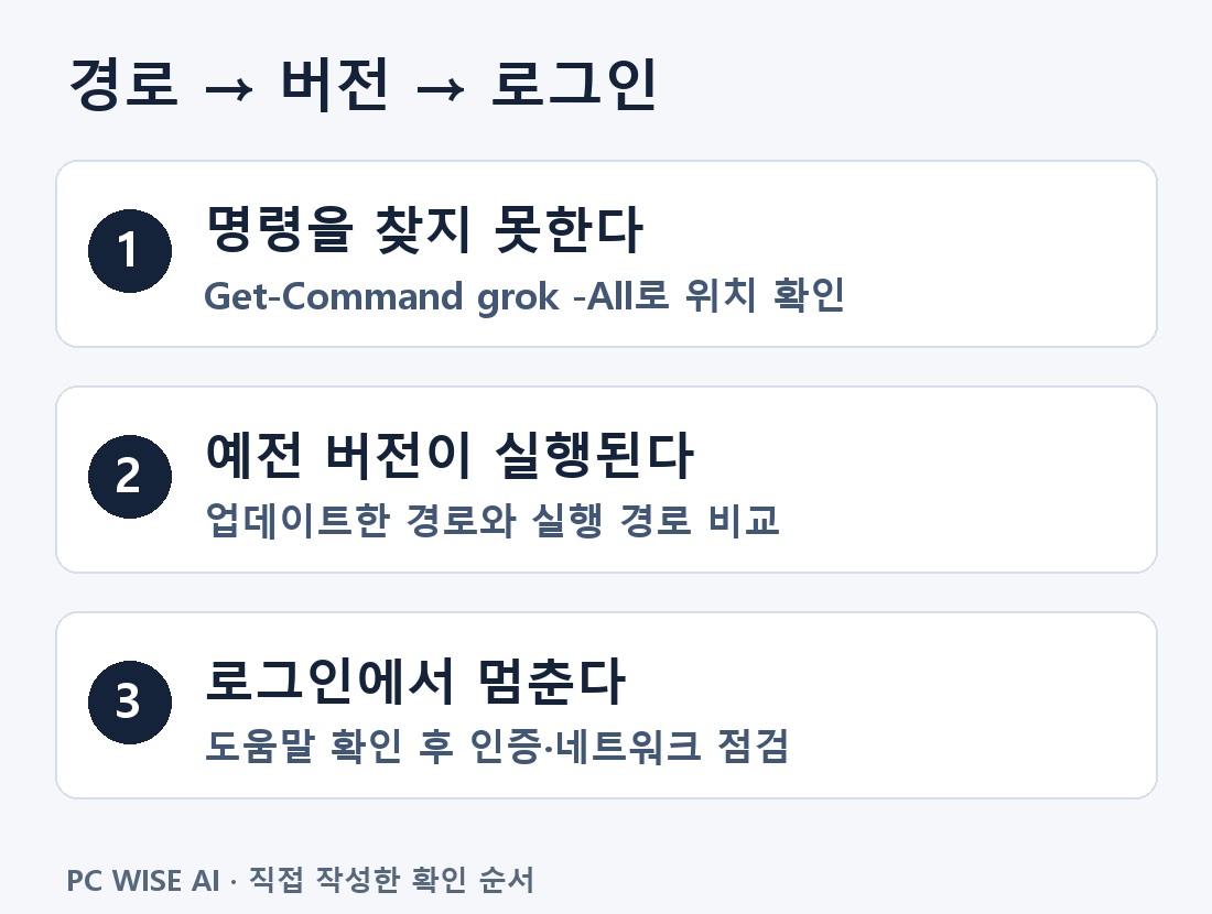 명령 찾기 실패, 오래된 버전 실행, 로그인 실패의 확인 순서