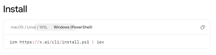 Grok Build 공식 설치 문서에서 Windows PowerShell 탭을 선택한 화면