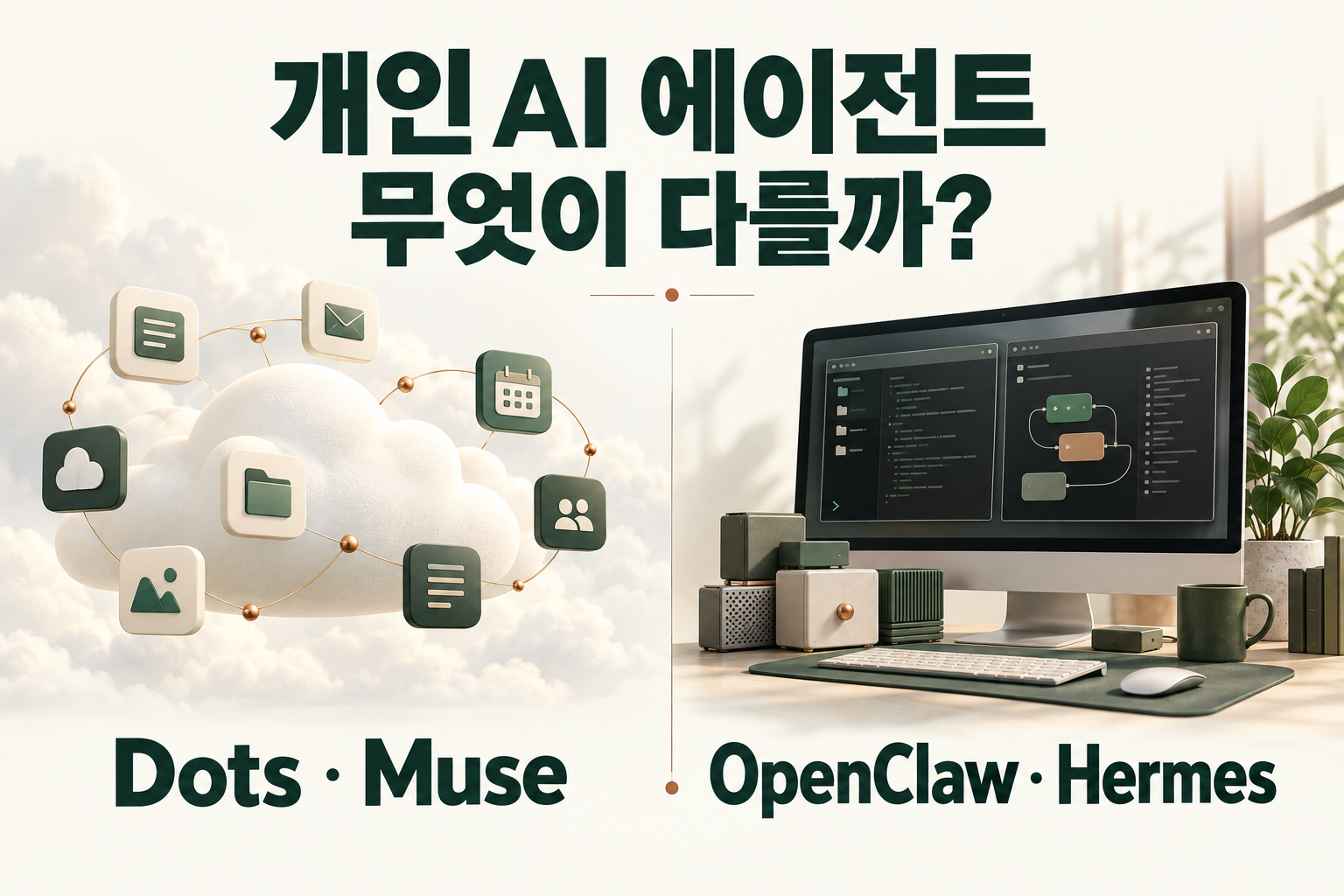 Dots·Muse의 서비스형 환경과 OpenClaw·Hermes의 자가 운영 환경을 비교한 개념 일러스트