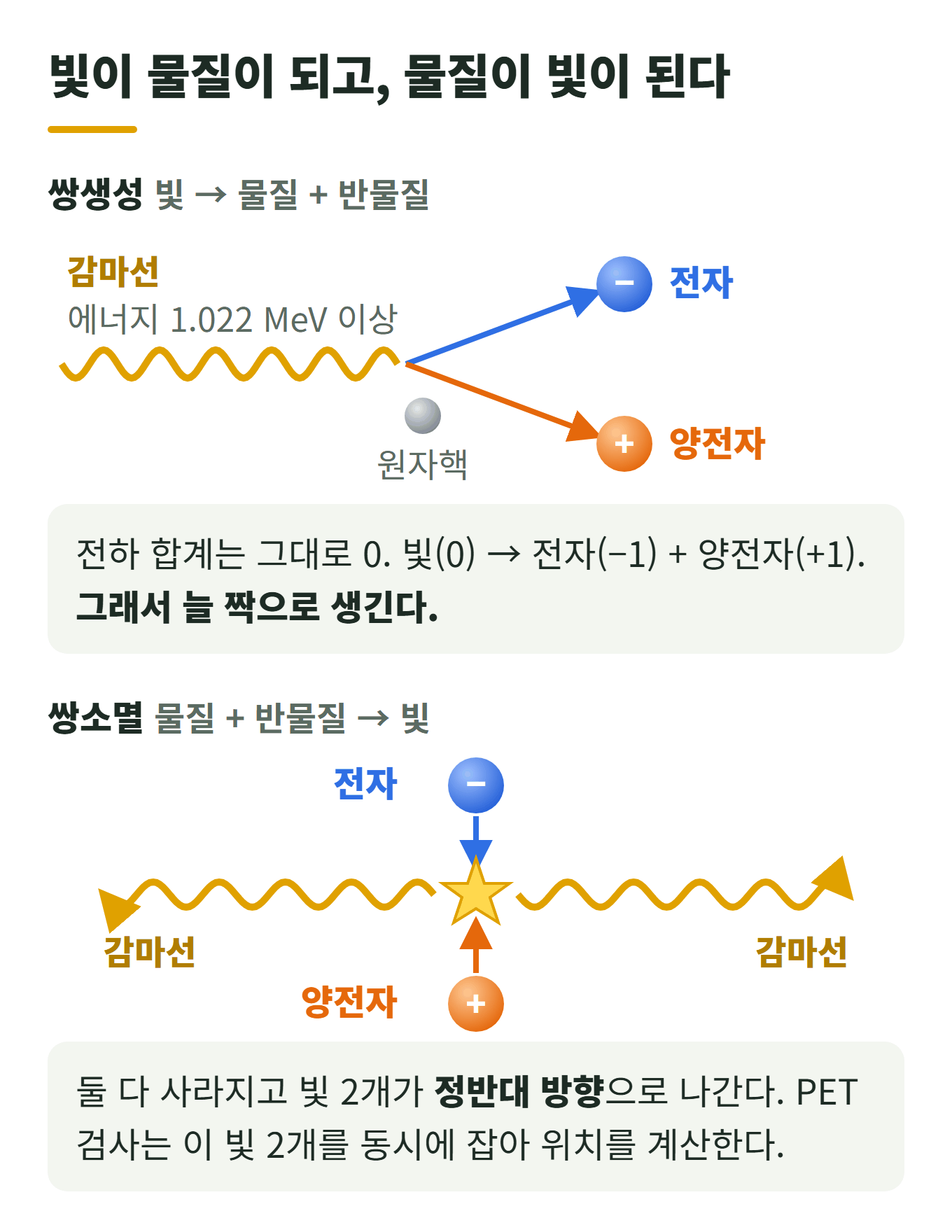 쌍생성과 쌍소멸: 1.022 MeV 이상의 감마선이 원자핵 근처에서 전자와 양전자 한 쌍이 되고, 전자와 양전자가 만나면 둘 다 사라지며 감마선 2개가 정반대 방향으로 나간다