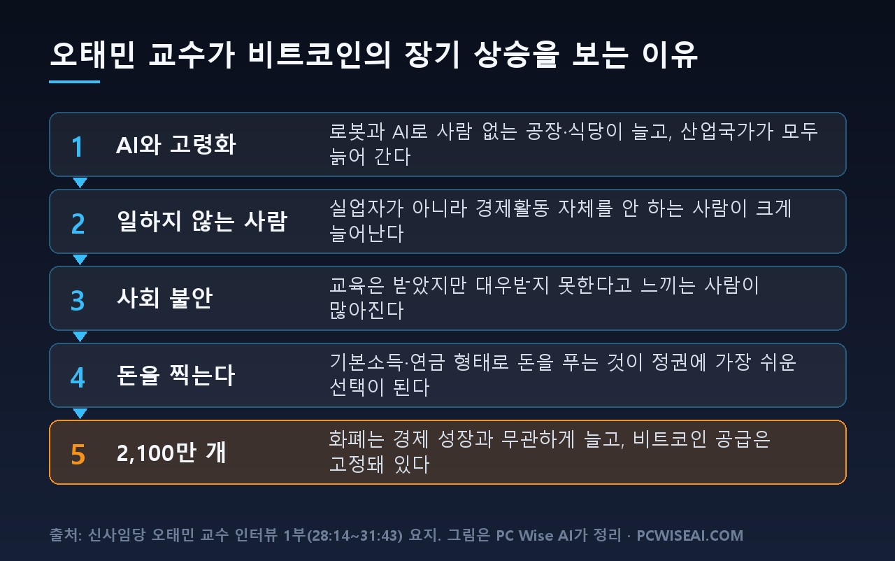 오태민 교수가 비트코인 장기 상승을 보는 이유 다섯 단계: AI와 고령화, 일하지 않는 사람 증가, 사회 불안, 돈을 찍는다, 2,100만 개 고정 공급